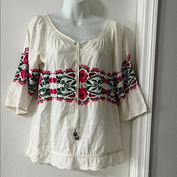 Juicy Couture Tops - Juicy Couture white Blouse with Pink and Green Embroidery